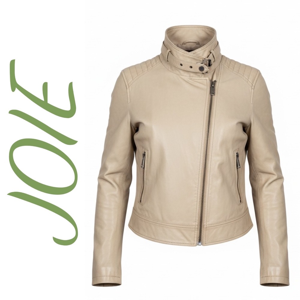 Joie Cropped Lamb Leather Moto Jacket Beige Convertible Collar Minimalist, M